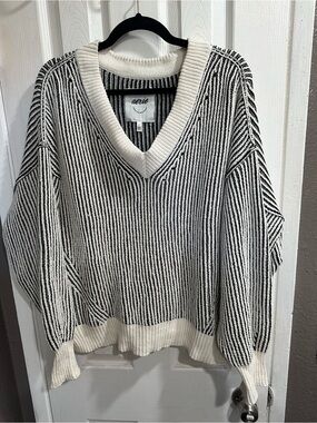 aerie Black & White Striped V-Neck Knit Sweater